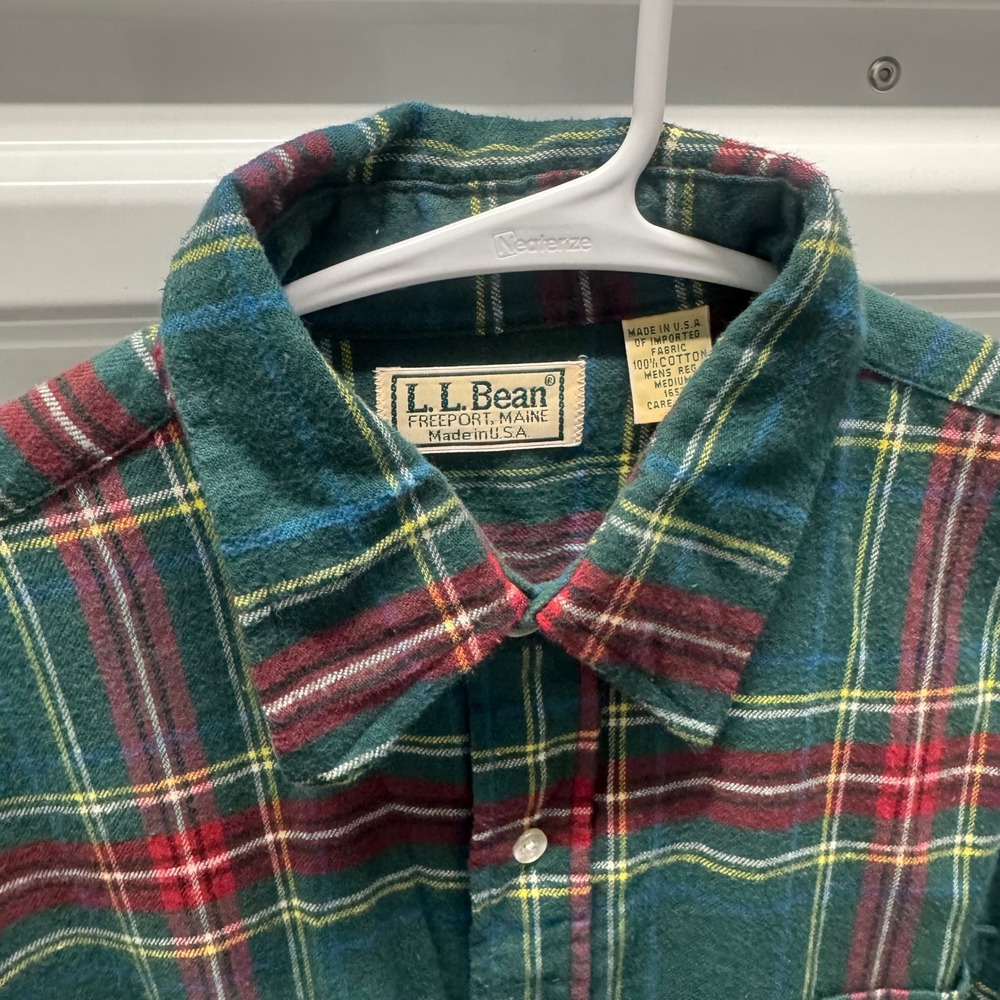 Vintage LL Bean Flannel Shirt Mens Medium Green Plaid Made in USA Cotton